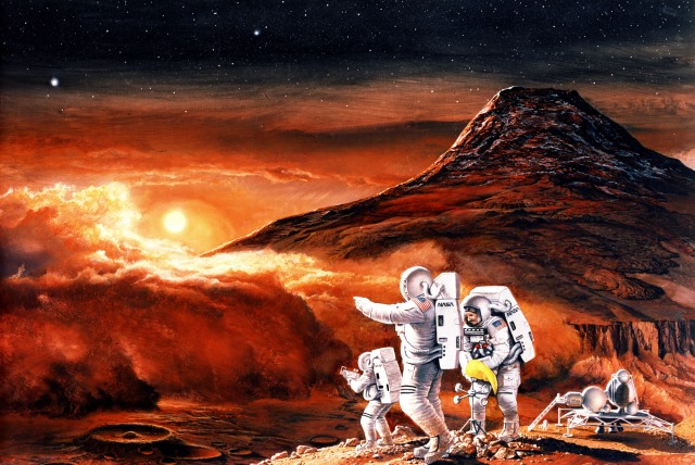 Artist depiction of humans exploring the Martian system, after 2020, by Ren Wicks. Mars advocates would like to dispatch the first expedition before 2020, but the cost and technical complexity of the mission will likely delay it.