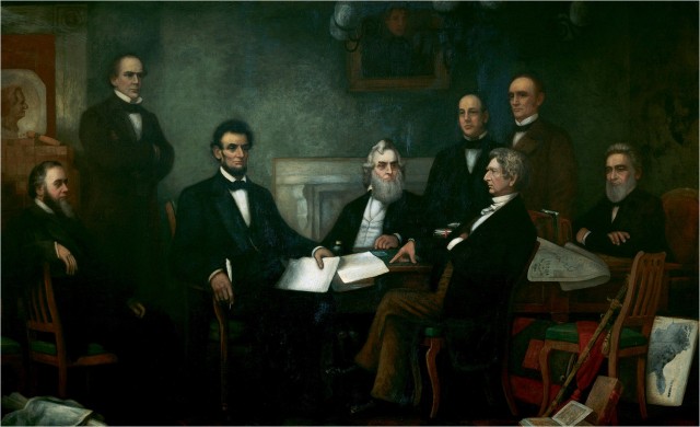 Lincoln and the Cabinet at the time of the signing of the Emancipation Proclamation.