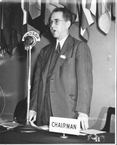 Edward Warner addressing First ICAO Assembly held in Montreal in 1946.