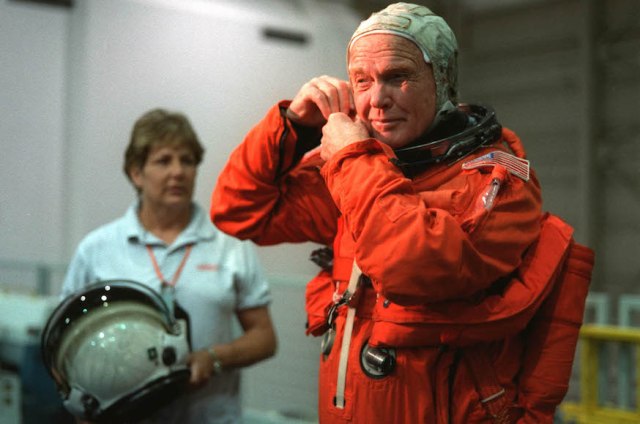 John Glenn suiting up prior to a training session at the Johnson Space Center. 